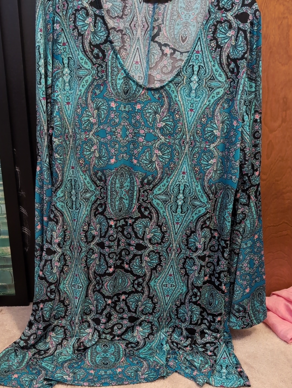 Reborn Teal and Black Paisley V-Neck Long Bell Sleeve Tunic Or Short Dress